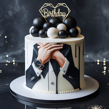 Elegant Birthday Cake with Black and White Design, Gold Topper Birthday Cake for Boss