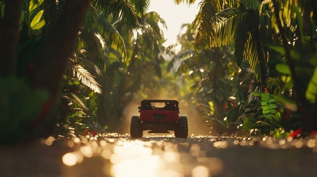 Red vehicle in lush tropical garden
