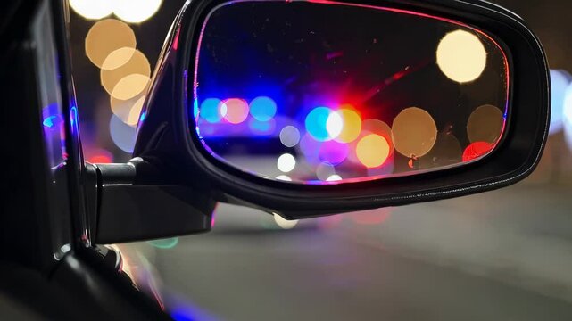 Police car lights reflecting in vehicle side mirror at night, emergency vehicle chasing concept, urban security and road safety
