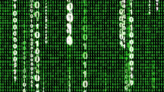 Green binary code falling vertically on black background,