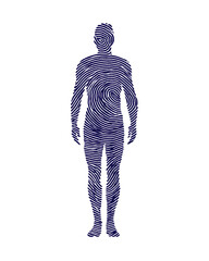 Fingerprint Human Silhouette stylized image of a human figure formed entirely from fingerprint-like concentric circles. The design is minimalist, using only black and white, with fingerprint pattern.