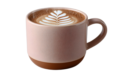 coffee mug with latte art and steam rising, isolated on white background 