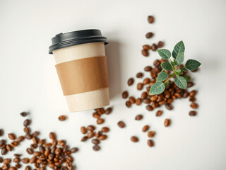 Eco-Friendly Takeaway Coffee Cup Flat Lay with Beans and Plant Sprig
