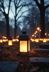 Glowing Lanterns in a Mysterious Cemetery at Night Illuminating the Dark with Warm Light