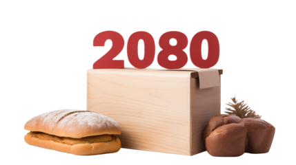 A box with the number two thousand and eighty on top with bread around it