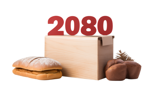 A box with the number two thousand and eighty on top with bread around it