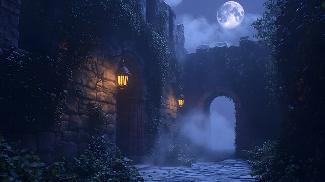 Fantasy scene of a medieval castle under a full moon with mist, ivy-covered walls, and glowing lanterns in the windows creating an epic atmosphere