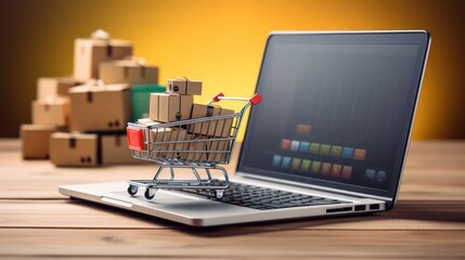 A laptop with a shopping cart on top, sitting on a wooden table with a yellow background.