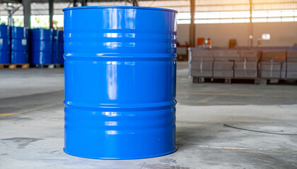 Blue metal barrel on concrete floor in warehouse. Container for danger biological liquids.