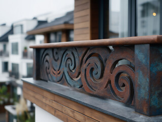 close-up of a modern building facade incorporating stylized traditional chinese cloud patterns in me