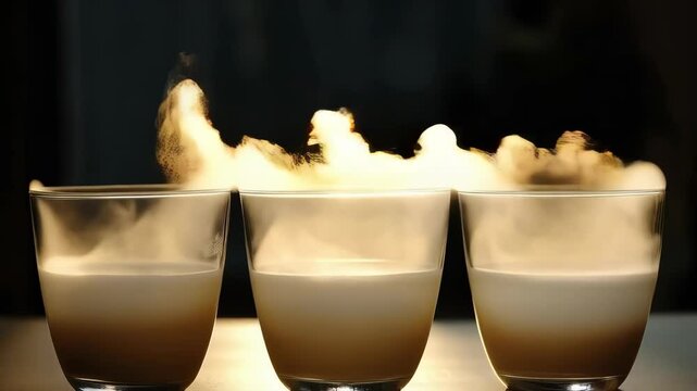 Three glasses with a layered beverage and rising vapor on a dark backdrop suggesting a mysterious or magical elixir or potion.