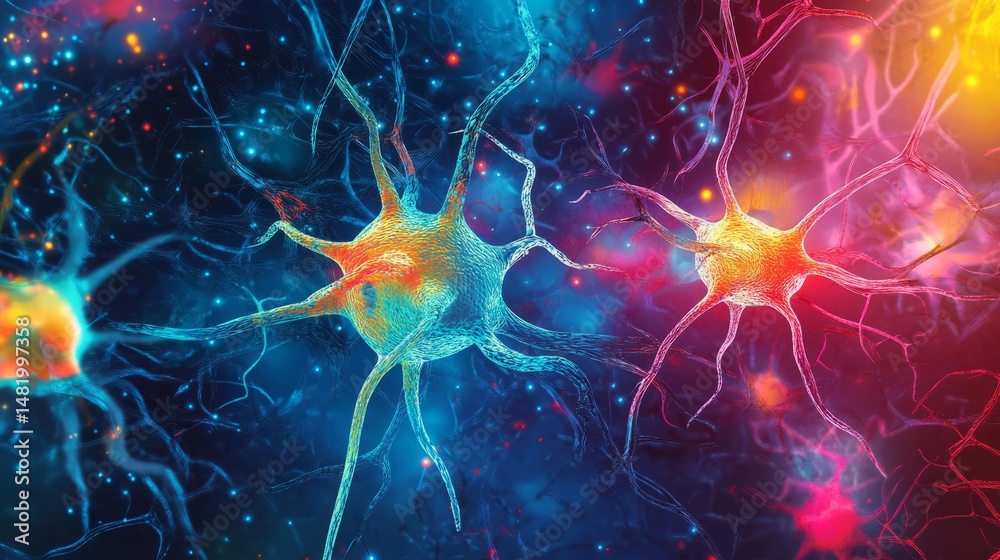 Poster Futuristic abstract neural network background featuring glowing digital brain connections and complex synaptic web on a dark tech-inspired backdrop for artificial intelligence and machine learning con