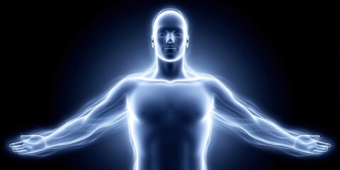 Ethereal representation of a human figure with glowing outlines conveying a sense of energy and vitality through a captivating expression of light and movement emphasizing human connection and
