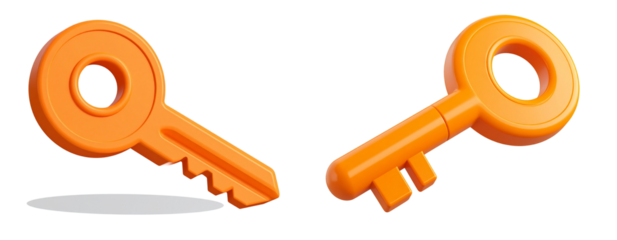  3D orange cartoon key with a simple round design, isolated on transparent background PNG