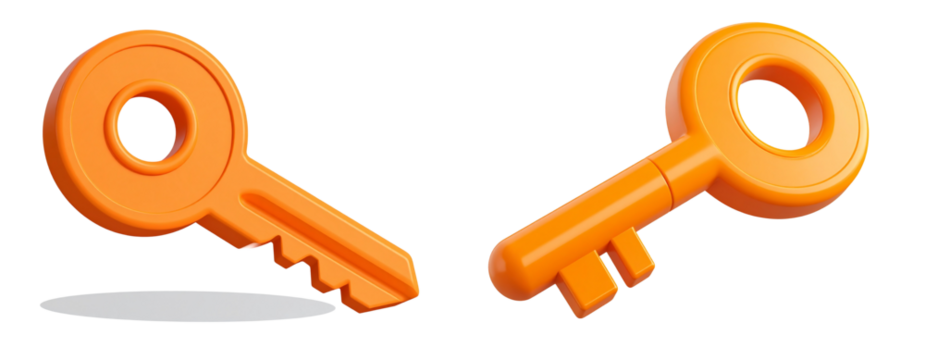  3D orange cartoon key with a simple round design, isolated on transparent background PNG