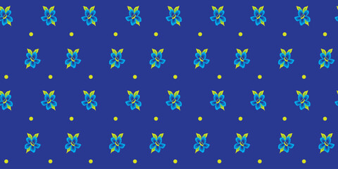 Seamless blue floral pattern illustration. Childish floral doodle background, cute basic nature shapes wallpaper.
