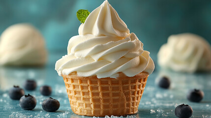 Creamy vanilla soft serve ice cream in a waffle cone, decorated with fresh mint leaf, surrounded by blueberries and other ice cream balls.