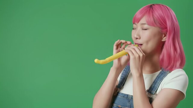 Woman with pink hair blowing a yellow horn against a green background