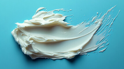 Creamy white substance smeared on a vibrant blue background.