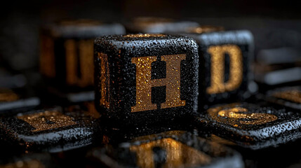 Close-up of dark cubes with golden letters H and D, covered in water droplets.
