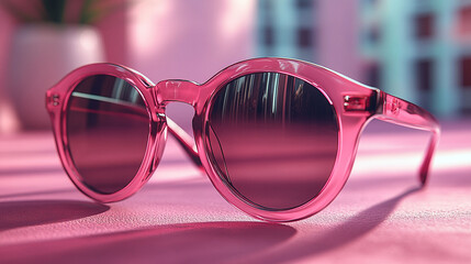 Close-up of trendy pink sunglasses on a pink surface.  Stylish round sunglasses with transparent pink frames and dark lenses, reflecting a blurred background, in a soft focus.