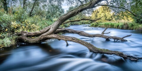 Serene River Scene Tranquil Water Flowing Past Fallen Tree Branches Nature Photography Peaceful