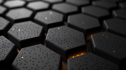 Close-up view of a dark gray hexagonal grid with glowing points.