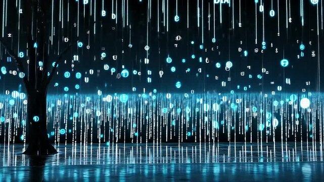 A solitary tree stands amidst a digital rain of glowing symbols, casting reflections on a reflective surface