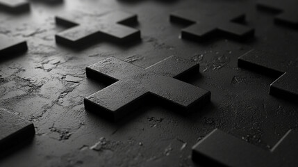 Dark gray crosses on a textured surface.