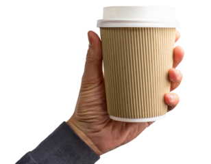 A product mockup in a hand holding a cup, with a white space in it for branding or logo placement, simple blue color background, no text, high quality