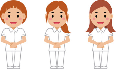 手を前で重ね、笑顔の白制服の女性看護師。その2