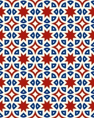 Design showcases an intricate layout of red stars and blue geometric shapes arranged in a repetitive pattern on a white backdrop