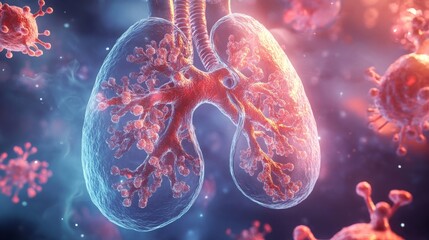 Artistic Medical Illustration of Lung Cells and Gas Exchange Process
