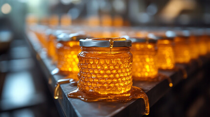 Honey jars dripping with honey on a conveyor belt in a food processing facility.