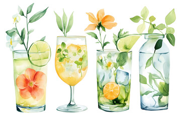 Refreshing watercolor summer beverages with citrus fruits and herbs.