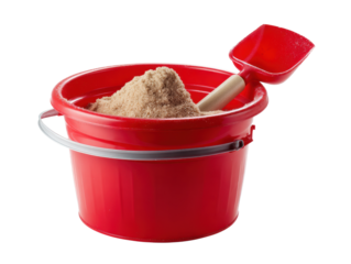 Bright red bucket filled with sand and shovel for playtime, cut out transparent