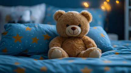 Teddy bear sitting on a bed with blue star patterned bedding in a child's room.