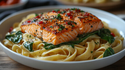 Delicious salmon pasta dish with spinach, creamy sauce, and crispy skin.