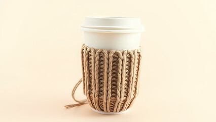White Takeaway Coffee Cup with Cozy Knitted Sleeve on Light Beige Background
