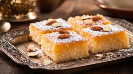 Traditional Middle Eastern Basbousa Dessert with Almonds on Tray