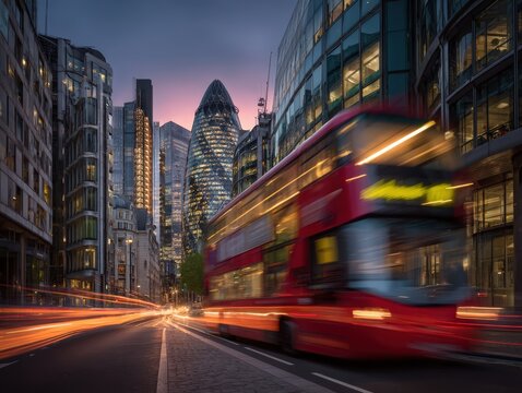 Red double-decker bus moving through London streets at blue hour with illuminated cityscape and light trails