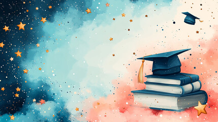 Graduation celebration background with books and graduation cap.