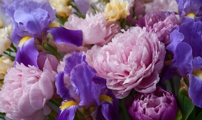 fully filled background of peonies and irises, Generative AI