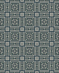 Elegant geometric pattern consists of interlocking shapes and lines in contrasting colors arranged in a structured format