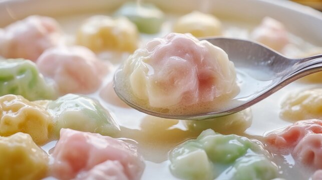 Close-Up of Spoon Scooping Colorful Bua Loy in Delicious Sauce