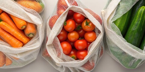 Fresh vegetables in mesh bags, including carrots, tomatoes, and zucchini, arranged neatly for display or sale.