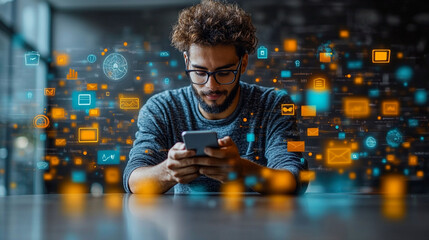 Focused young man using smartphone, surrounded by digital communication icons.