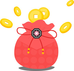 엽전과 빨간색 복주머니