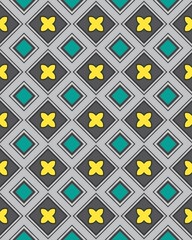 A bold geometric pattern showcases interlocking diamonds and crosses in yellow, turquoise, and gray, creating visual interest and texture