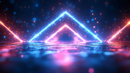 Abstract neon triangles on a textured surface with glowing particles.